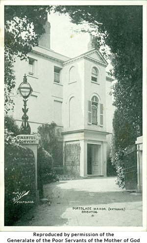 Black-and-white image of the Portslade Manor entrance, Brighton. Reproduced by permission of the Generalate of the Poor Servants of the Mother of God.